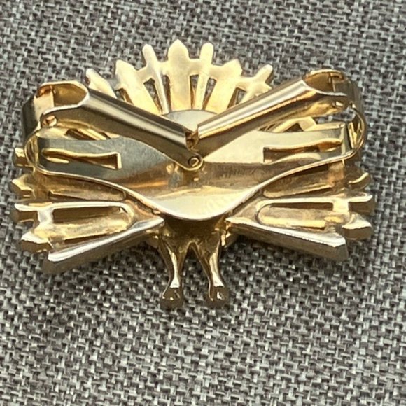 Vintage Scarf Clip As Is Peacock Gold Emerald Green Clear Rhinestone Retro Bird - Picture 8 of 11